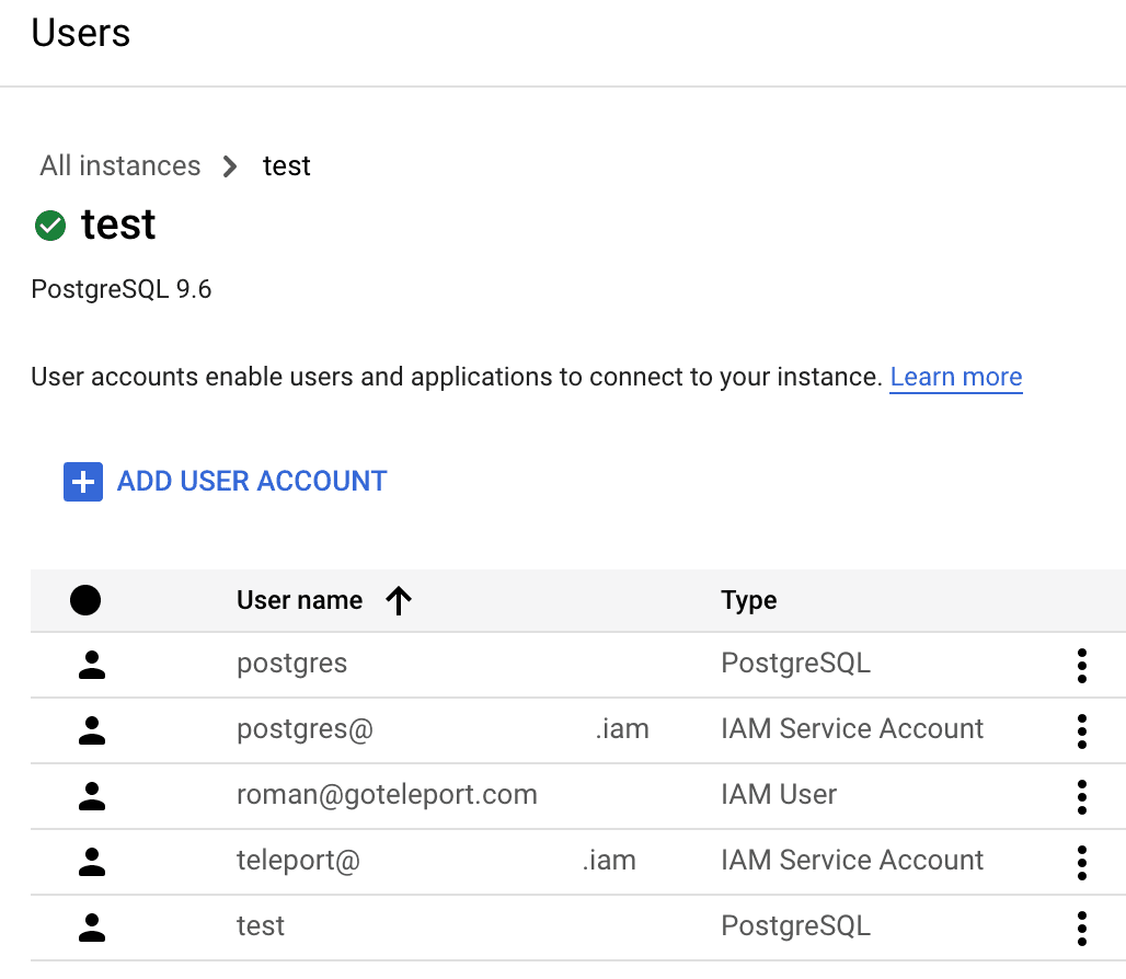 Cloud SQL User Accounts Table